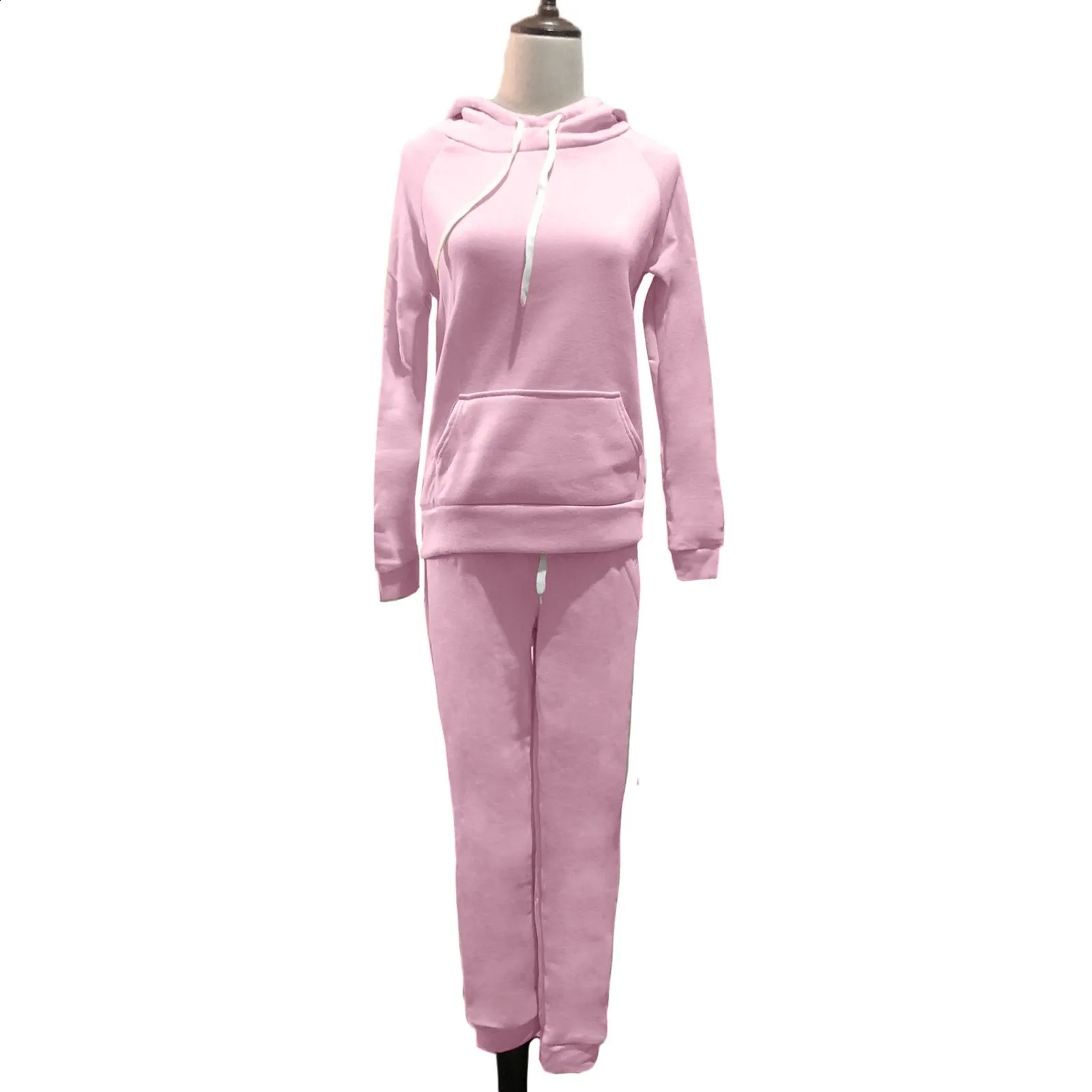 Womens solid color track suit casual warm long sleeved sports shirt jogging pants twopiece set winter hooded sweatshirtpants sportswear 240927