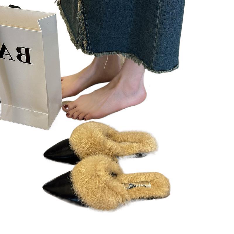 Women's flat bottomed pointed woolen slippers 2024 Autumn/Winter Versatile Fashion Half Slippers 241116