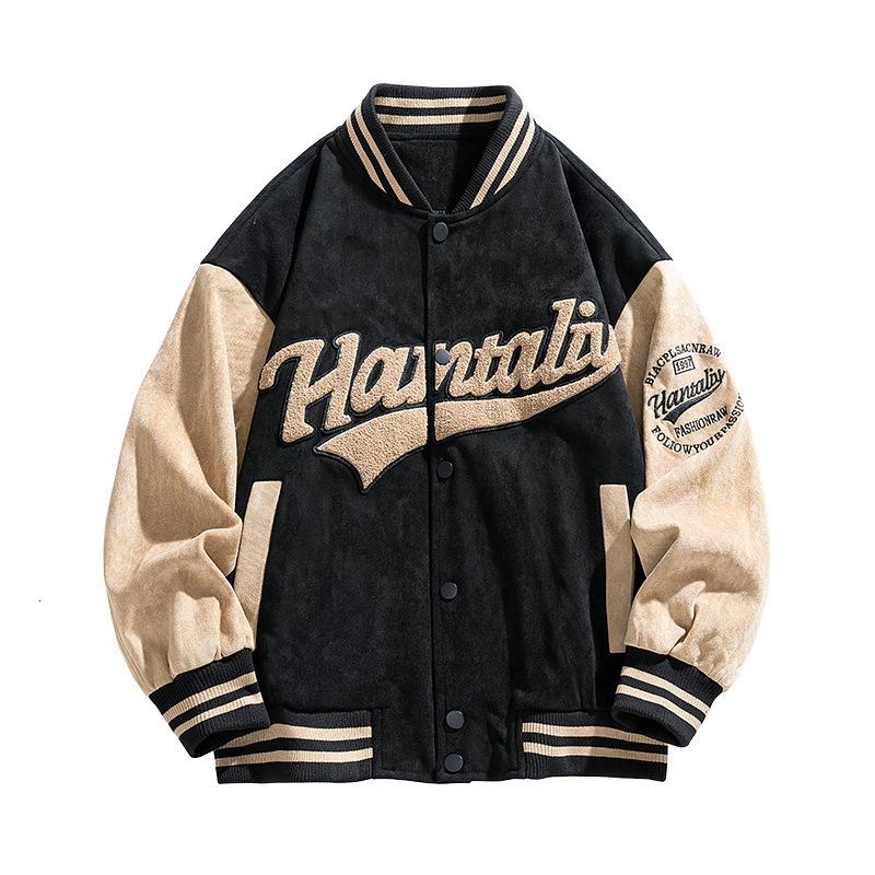 Men Letter Graphic Striped Trim Colorblock Drop Shoulder Varsity Jacket
