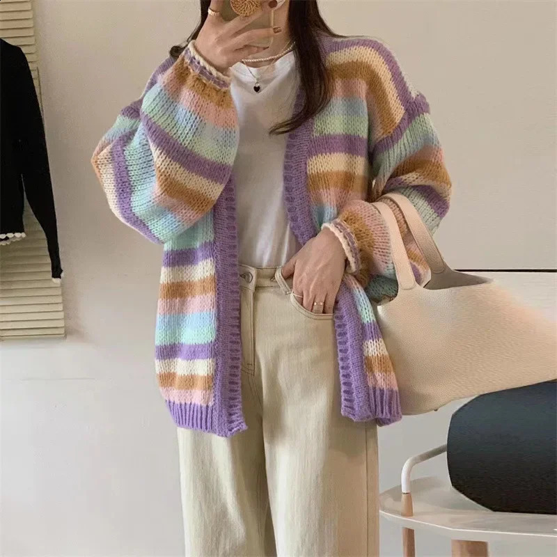 Idle Style Rainbow Stripe Knitted Open cardigan Womens Loose Open cardigan Color Blocked Sweater 2024 Autumn Korean Style 240923