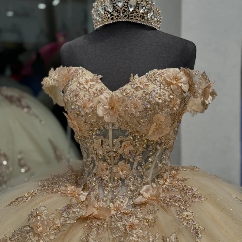 Mexican Champagne Charro Quinceanera Dresses Lace Appliques Beads Tull Corset Sweet 16 Dress Abiti Da Cerimonia Vestido De 15 Anos
