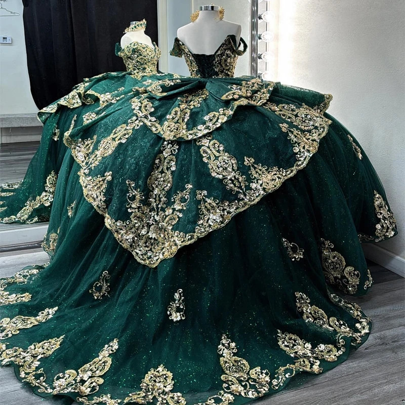 Emerald Green Shiny Quinceanera Dresses Ball Gown Gold Lace Applique Beads Birthday Party Corset Sweet 16 Dress Vestidos De 15 Anos