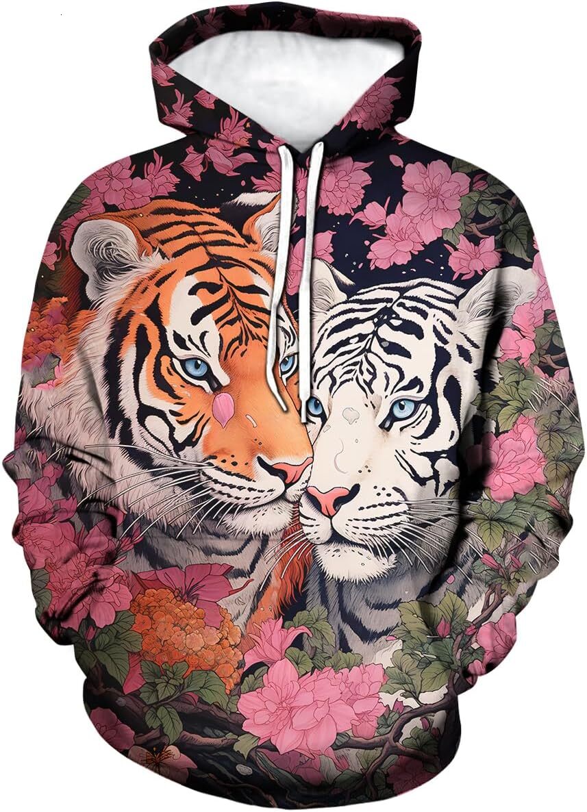 Hoodie for Mens Womens Vintage Colorful Collision Animal Tiger Hoodies Hooded Splatted Ink Flower White Tiger Sweatshirts Pullover Graphic Hoodies swe