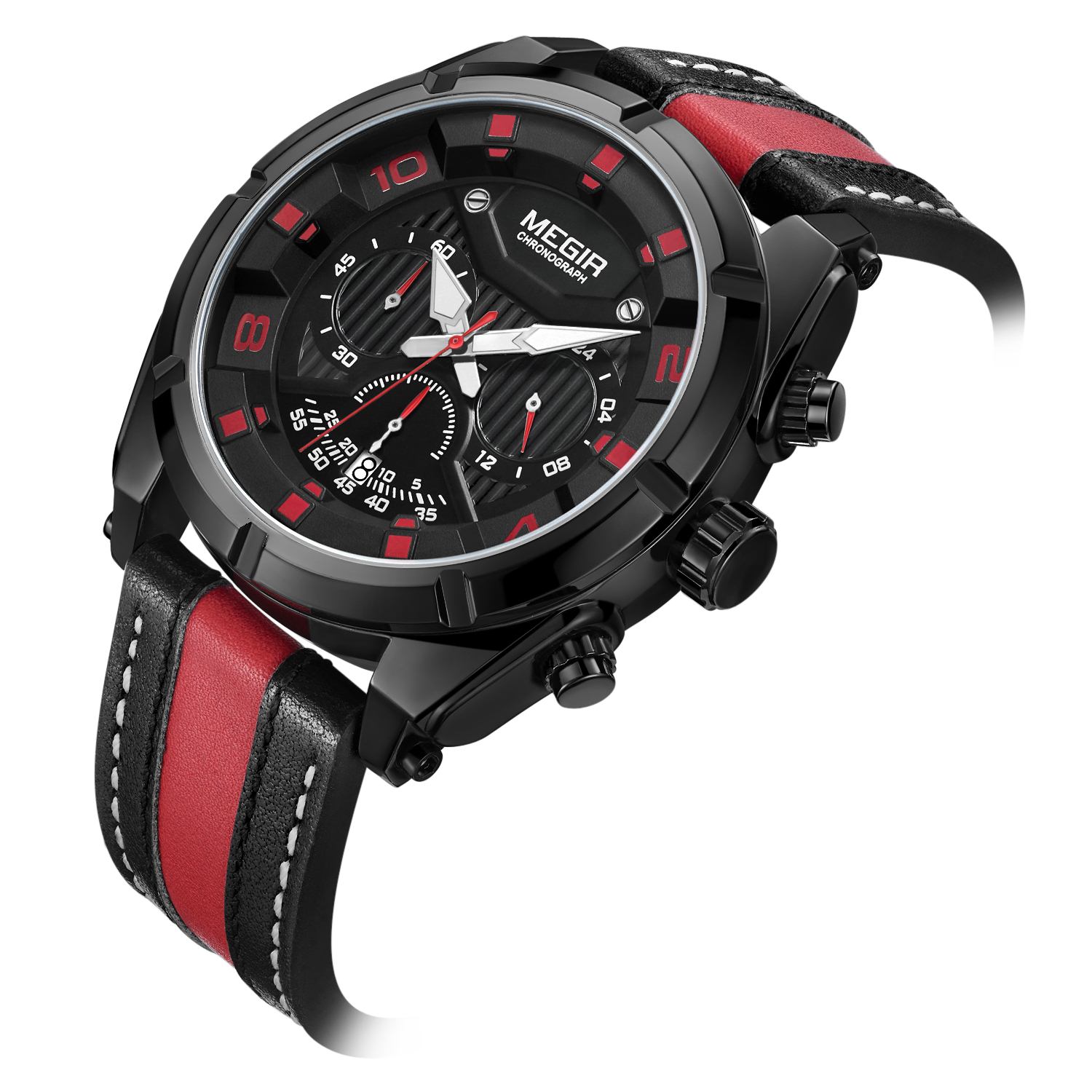 MEGIR Fashion Men's Timing Quartz Watch Leather Strap Night Light Hands 24-hour Sports Simulation Men's Watch 2076 White