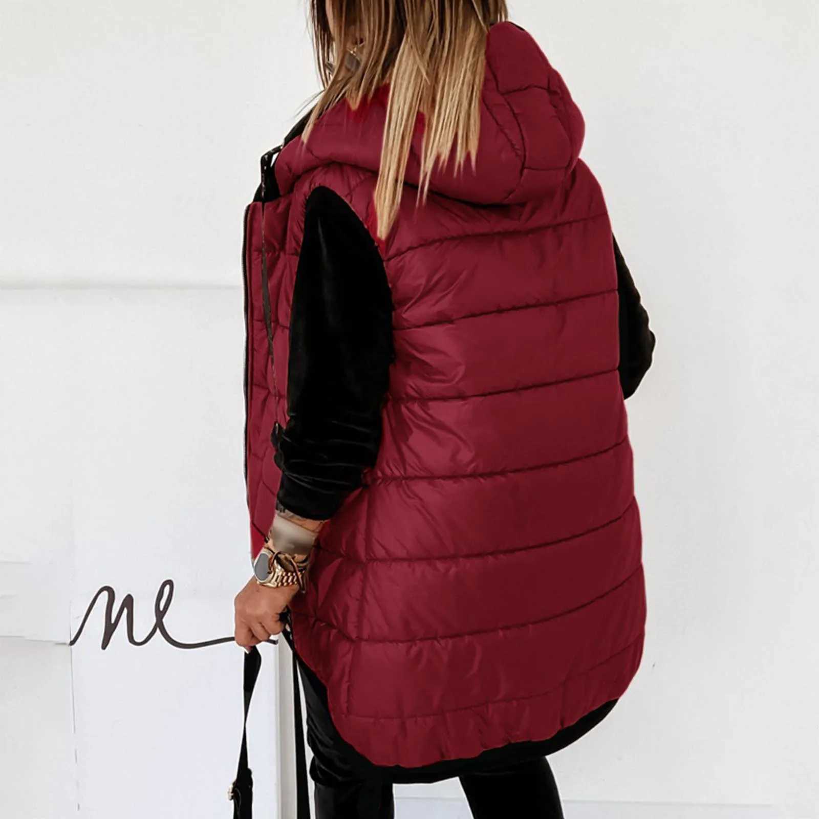 Sleeveless hooded vest womens autumn fashion long cotton apron jacket womens winter warm waterproof vest M241004