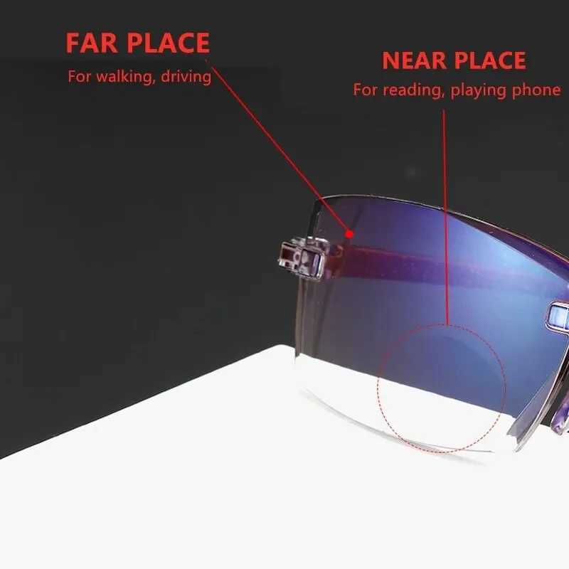 2 Pair New Men Women Rimless Reading Glasses Anti Blue Light Bifocal Far Near Magnification Eyewear Presbyopic Glasses +150 +200XJ240907