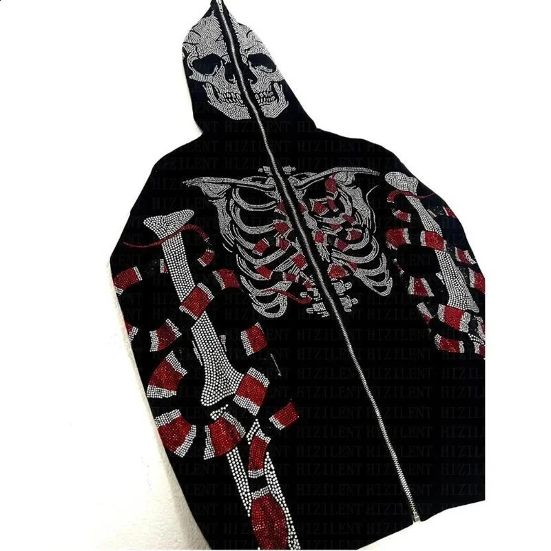 Y2K Fashion Diamond Skeleton Hoodie Womens Gothic Black Zipper Sportswear Womens Retro Harajuku Hoodie 240927