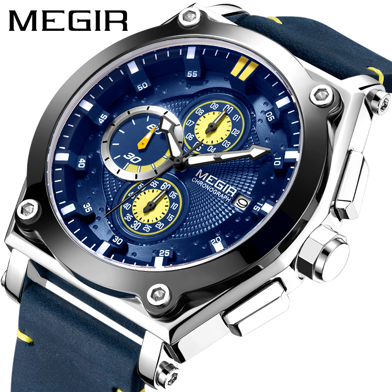 Megir men's leather strap quartz watch military sports timing waterproof watch men's night light Relogios clock 2098 blue