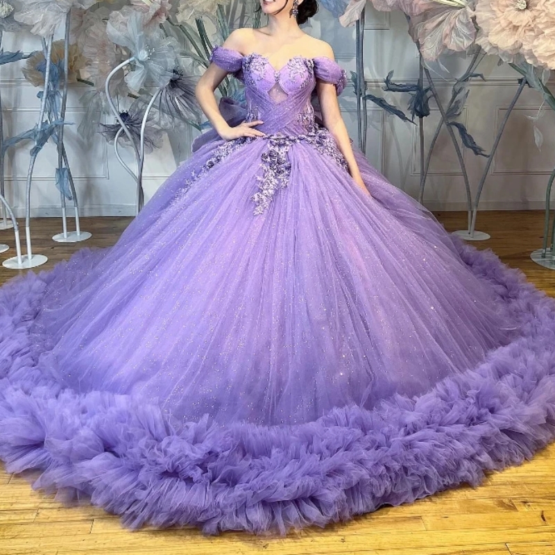 Lavender Shiny Quinceanera Dresses Off Shoulder Corset Ball Gown Applique Lace Beads Tull Tiered Sweet 16 Dress Vestidos De 15 Anos
