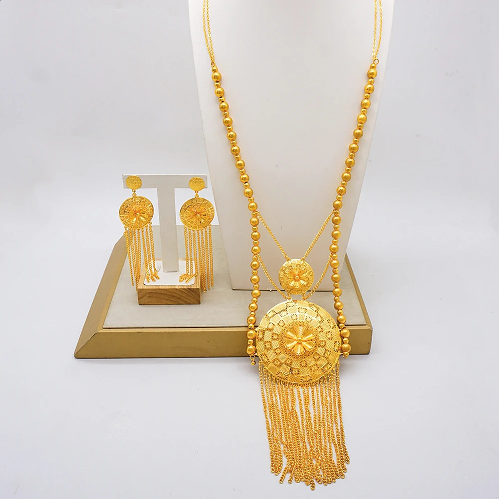 Dubai Grand Necklace Set African Wedding Banquet Jewelry Long Gold Plated Bridal Set 240926