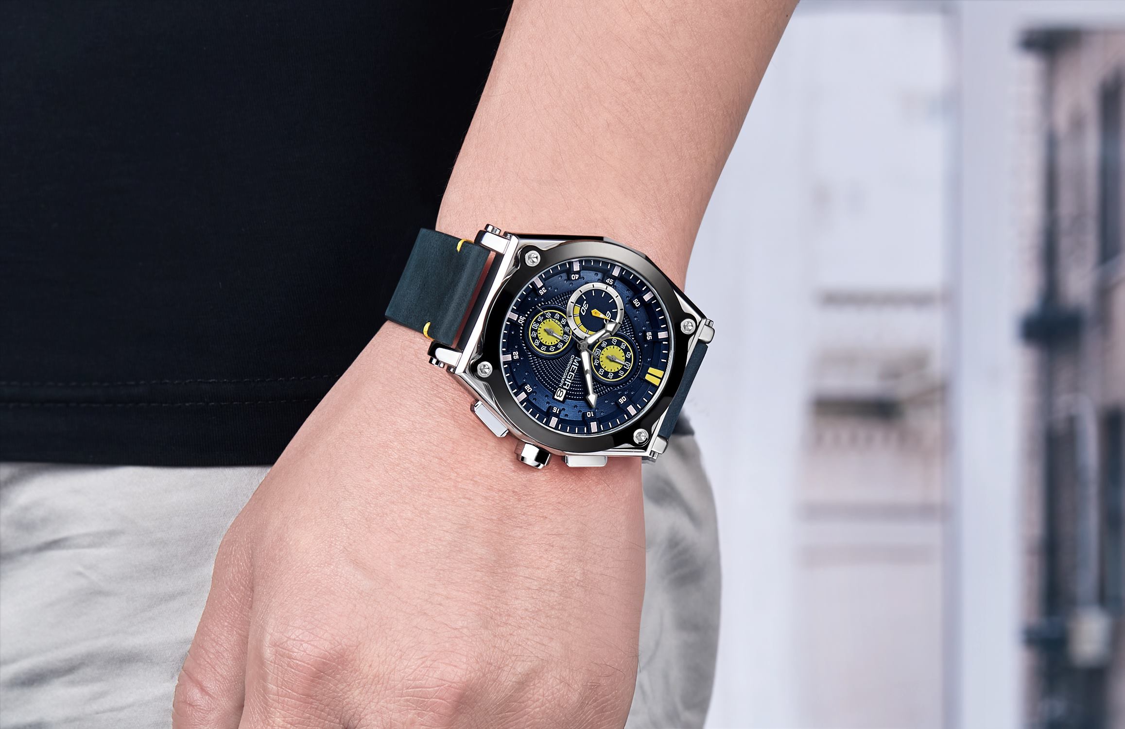 Megir men's leather strap quartz watch military sports timing waterproof watch men's night light Relogios clock 2098 blue