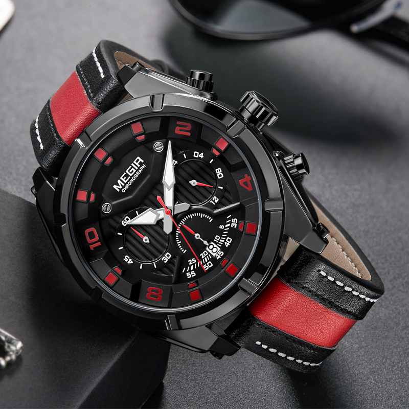 MEGIR Fashion Men's Timing Quartz Watch Leather Strap Night Light Hands 24-hour Sports Simulation Men's Watch 2076 White