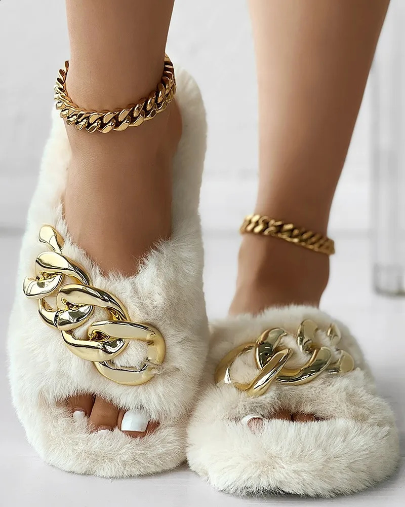 Womens Cotron Fuzzy Chain Decorative Cross Belt Sliding Block 240