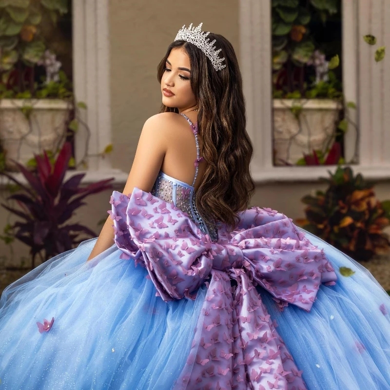 Sky Blue Princess Quinceanera Dresses Off The Shoulder Pink Bow Beads Tull Girls Ball Gown Sweet 16 Dress Vestidos De 15 Anos