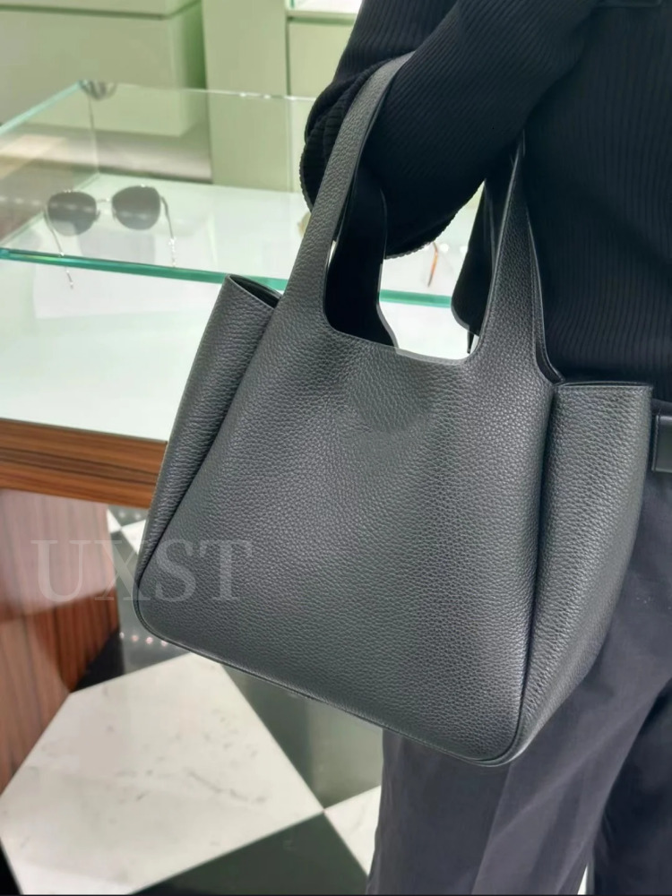 UXST Genuine Leather Mini Basket Classic Litchi Pattern Bucket Senior Sense Storage Tote Bag Solid Color Shopper Handbag