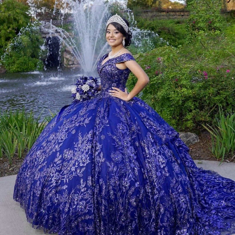 Navy Blue Princess Quinceanera Dresses Off the Shoulder Ball Gown Sweet 16 Dress Sequin Appliques Lace Beads Tull Party Birthday Vestidos 15 Anos