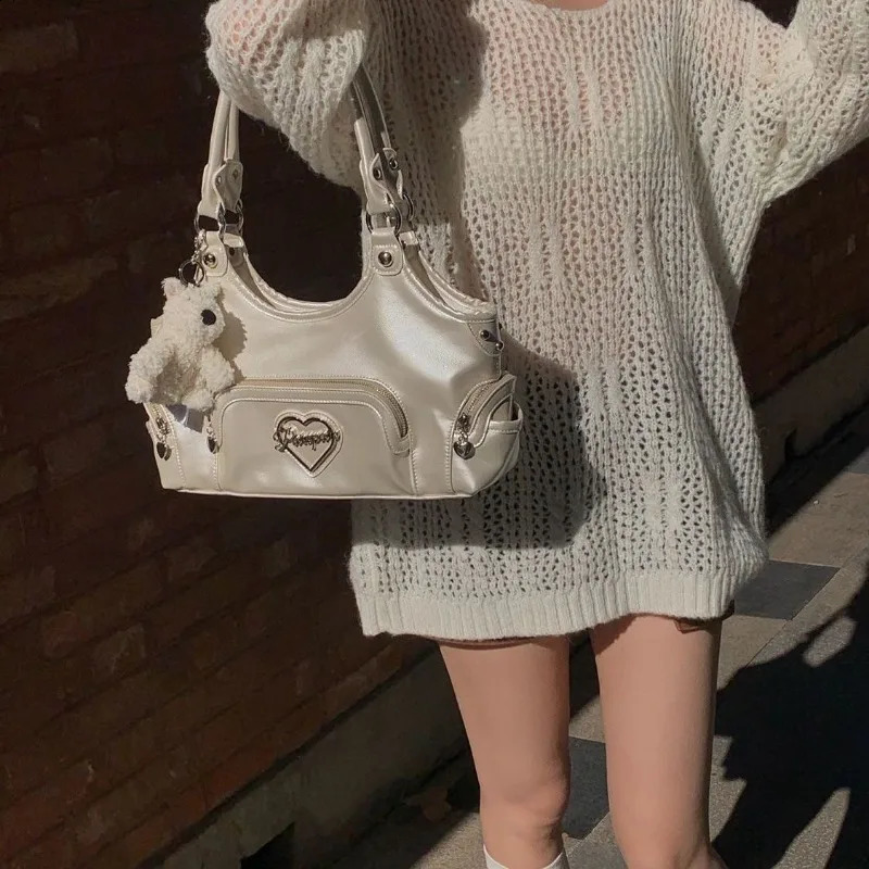 Gainny Y2k White Handbag Womens Motorcycle Shoulder Bag Womens Harajuku Fashion Korean Womens Handbag Aesthetics 240930
