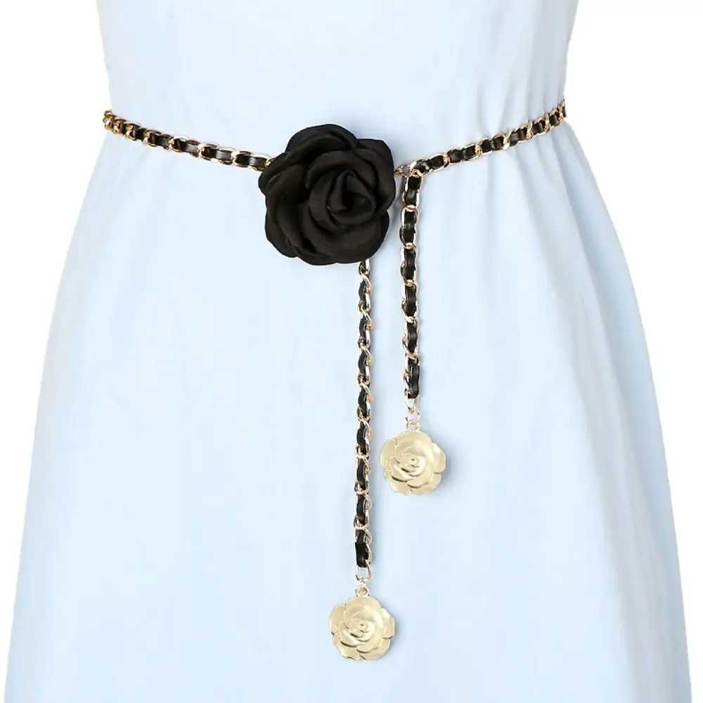 1 piece of womens fashionable camellia waist chain flower leather waist chain decorative pants chain W240930