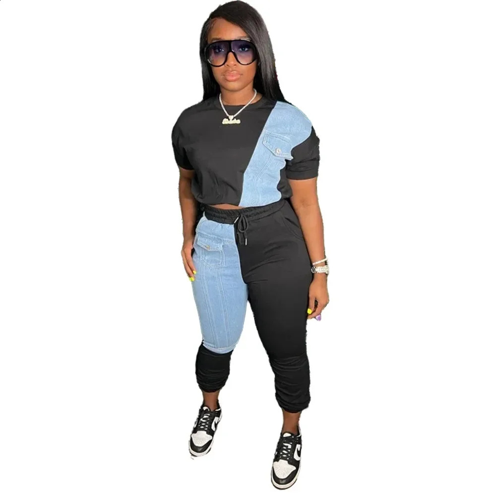 Sports denim patch womens twopiece set sportswear Tshirt and jogging pants matching 240927