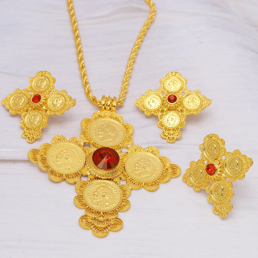 24K Gold Cross Set of Four Red Diamonds Ethiopian Middle East Womens Jewelry Dubai Earrings Rings Bracelets Necklaces Wed 240927