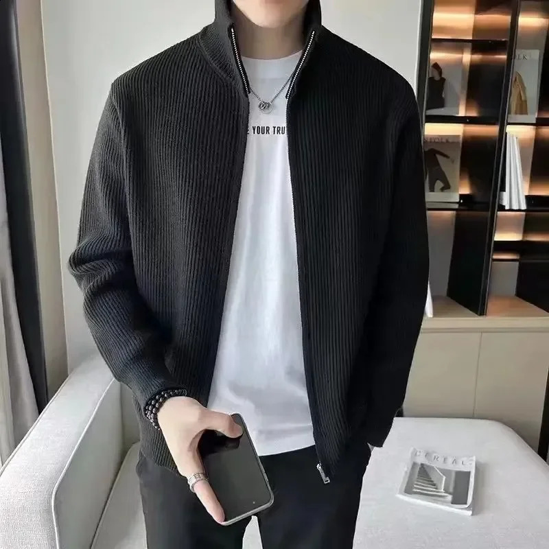 solid knitted sweater mens stand up collar Korean fashion zipper cardigan mens knitted plus size knitted jacket 240930