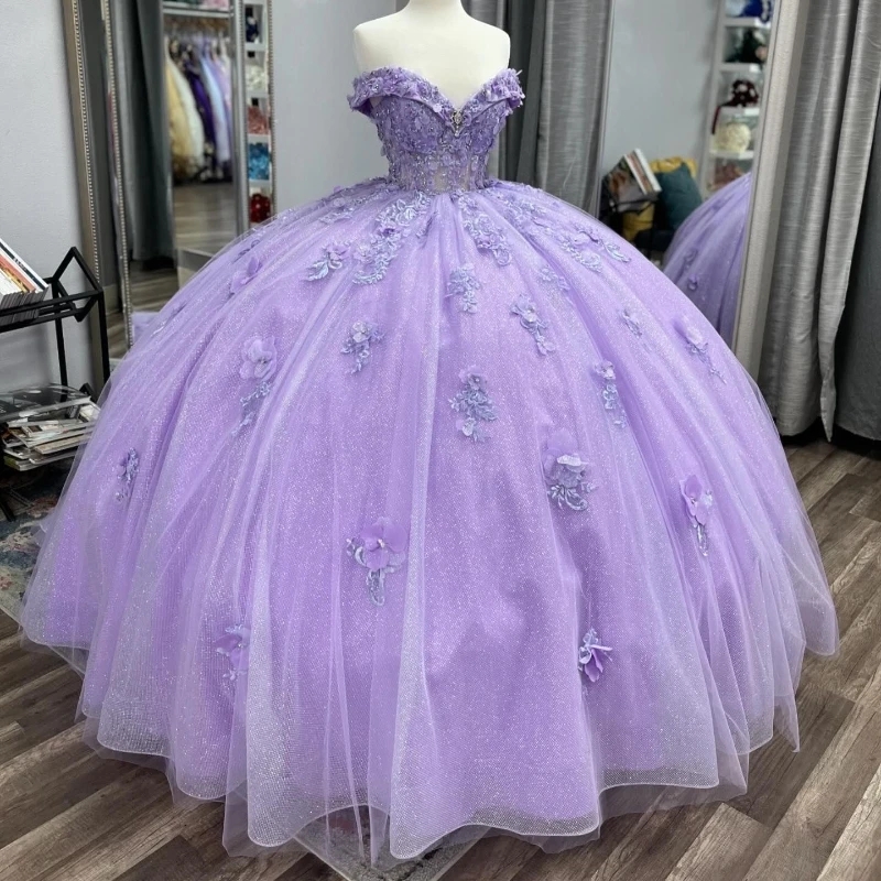 Lavender Quinceanera Dresses Applique Beaded 3D Flowers Applique Beads Off Shoulder Ball Gown Sweet 16 Dress Birthday Party Vestidos De 15 Anos