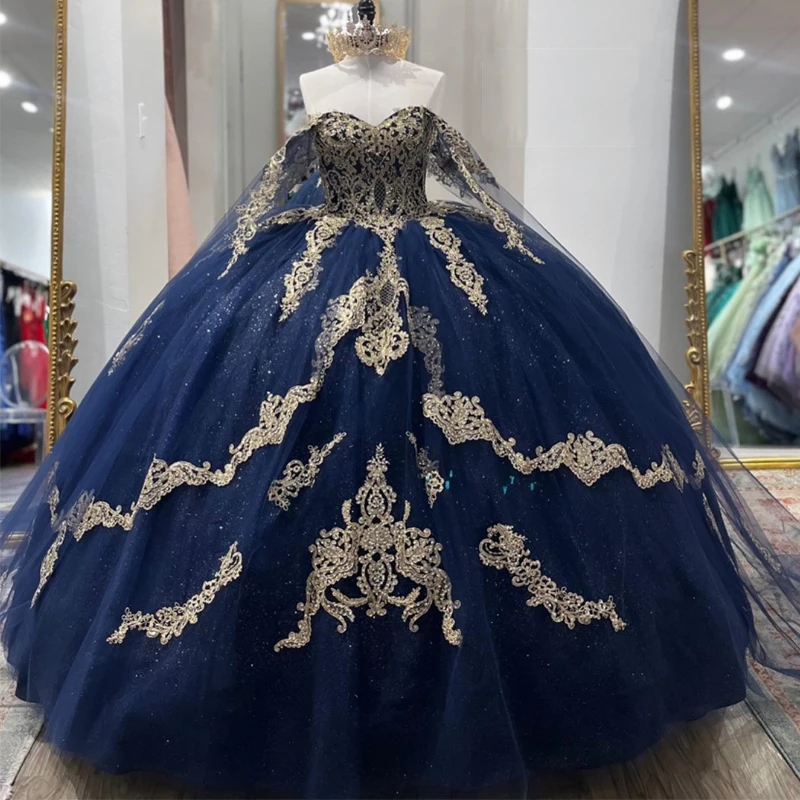 Navy Blue Quinceanera Dresses For 16 Girl Off the Shoulder Gold Appliques Beads Tull With Cape Princess Ball Gowns Birthday Party Vestidos 15 De XV An