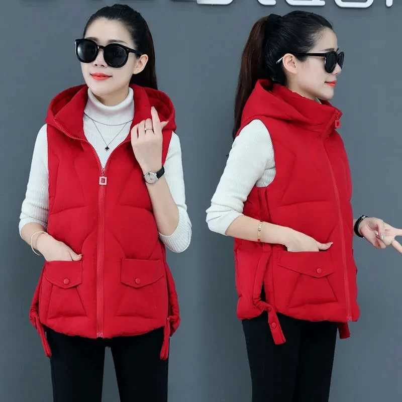 new womens vest autumn warm cotton vest womens thick hooded vest womens sleeveless jacket vest M241004