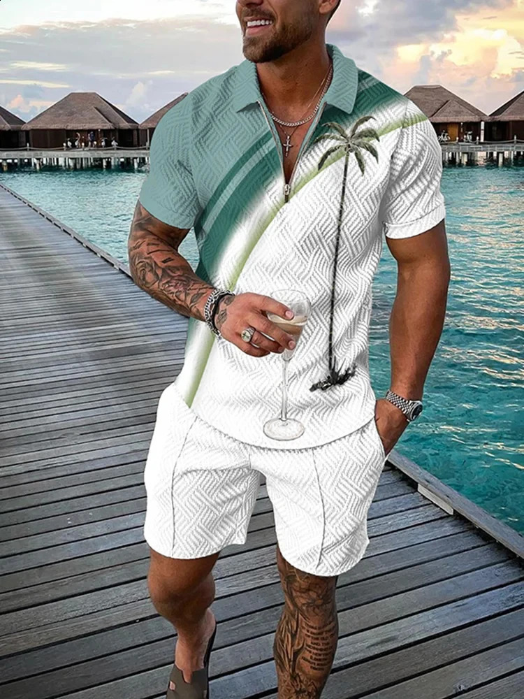 Beach Coco 3D printed mens sportswear set summer casual zipper collar polo shirt and shorts 2-piece set fashionable mens clothing 240930CJ