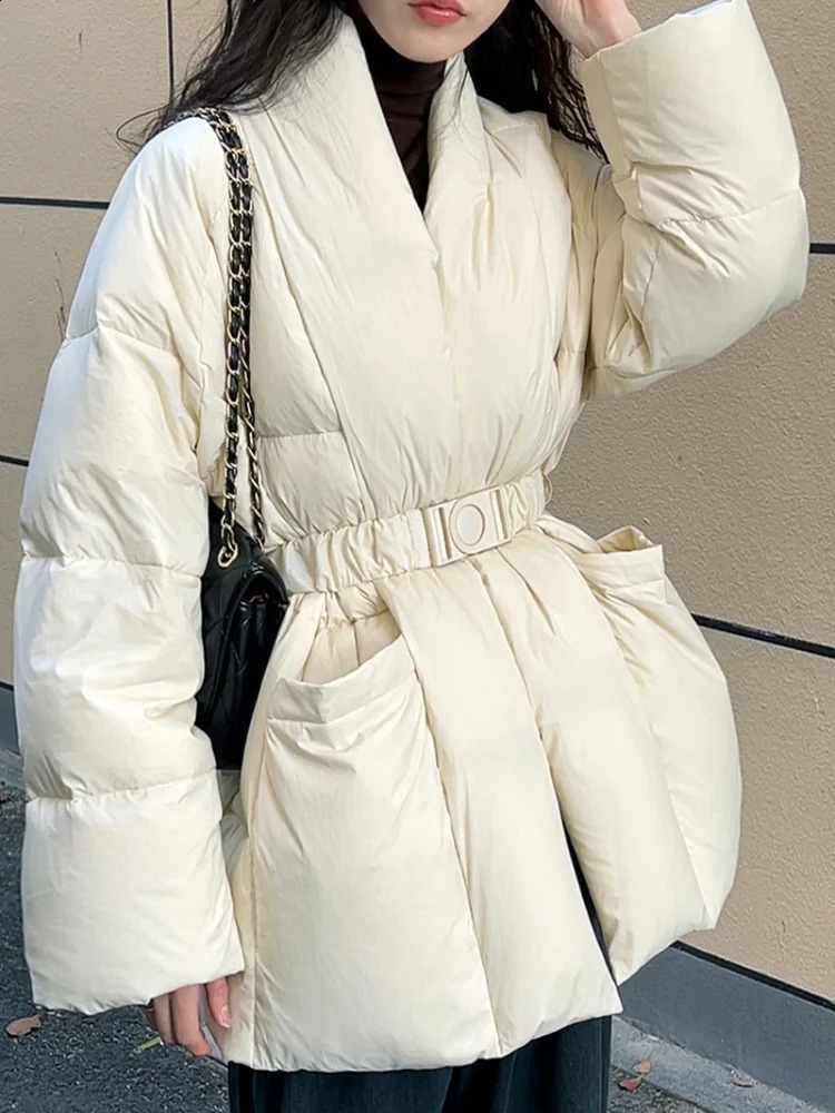 Winter Coats down jacket womens V-neck thick jacket warm jacket Chinese style with belt high-end chiffon womens down jacket 240930