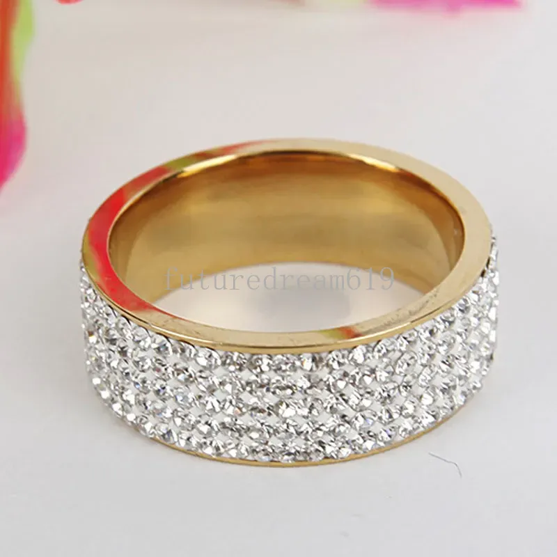 8mm Stainless Steel Full Crystal Gold Silver Plated Band Rings For Women Men Lovers Jewelry Party Club Decor