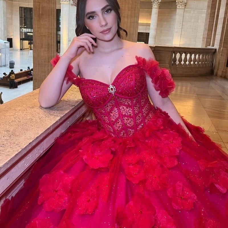 Red Shiny Sweetheart Ball Gown Quinceanera Dresses Off The Shoulder Flower Beads Tull Corset Vestido De 15 Anos Sweet 16 Dress