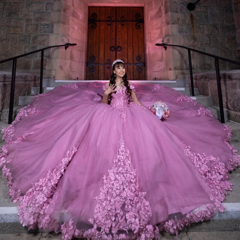 Red Rose Quinceanera Dresses Ful Glitter Off The Shoulder Princess Applique Wer Beads Tull Sweet Dress Vestidos De Anos D
