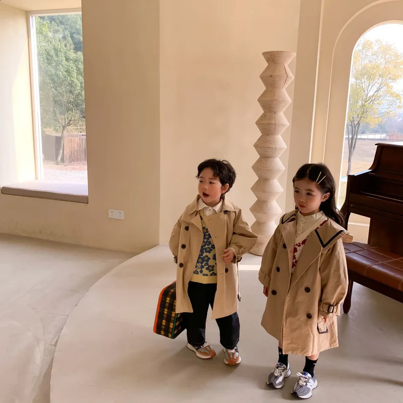 Childrens Trench Spring/Summer Girl Korean Solid Color Long Trench Fashion Casual Collar Girl Trench Coat 240923