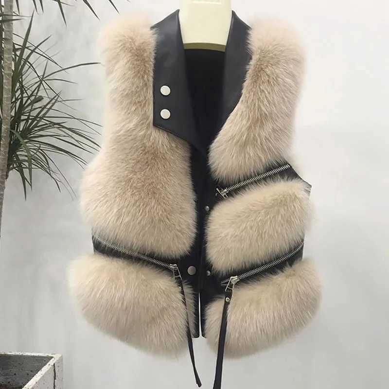 Autumn and Winter Womens Leather Fur Sleeveless Jacket Womens Lmitation Fox Fur Vest Coat Womens Fashion Short Coat Top M241004