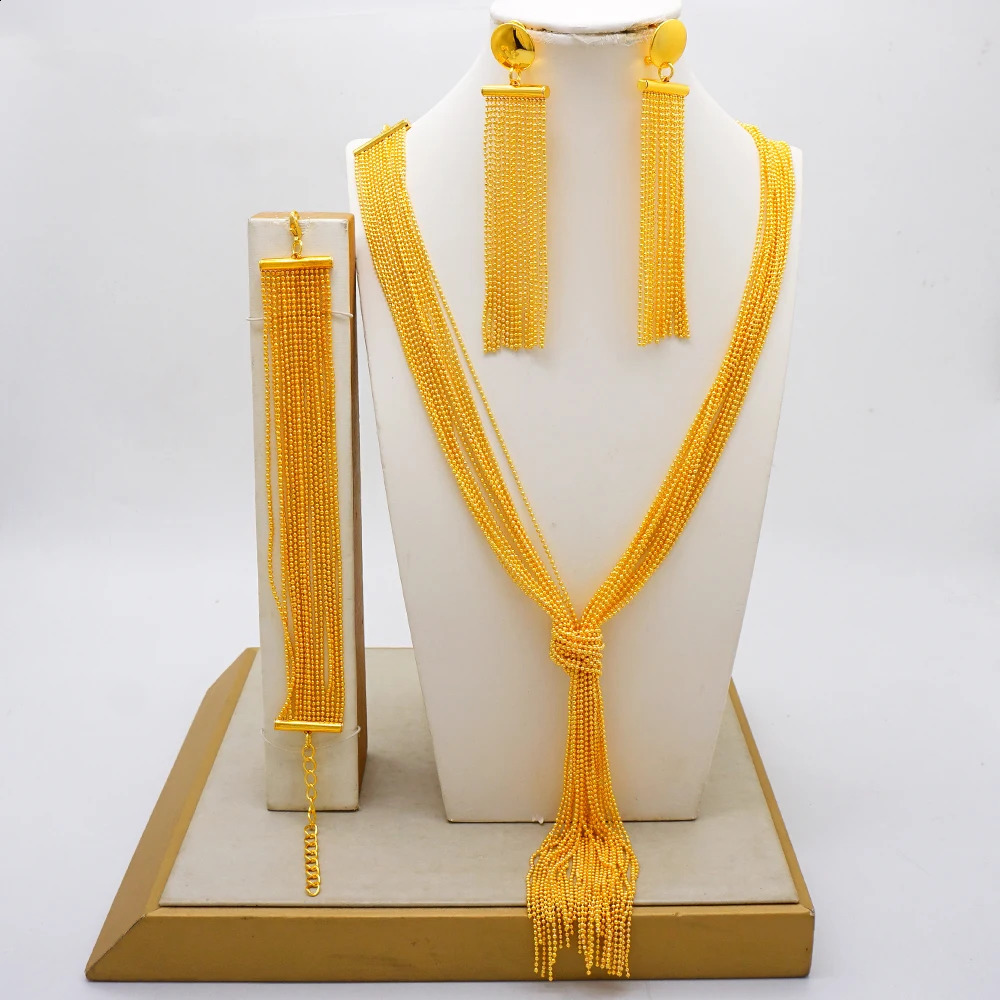 Dubai Grand Necklace Set African Wedding Banquet Jewelry Long Gold Plated Bridal Set 240926