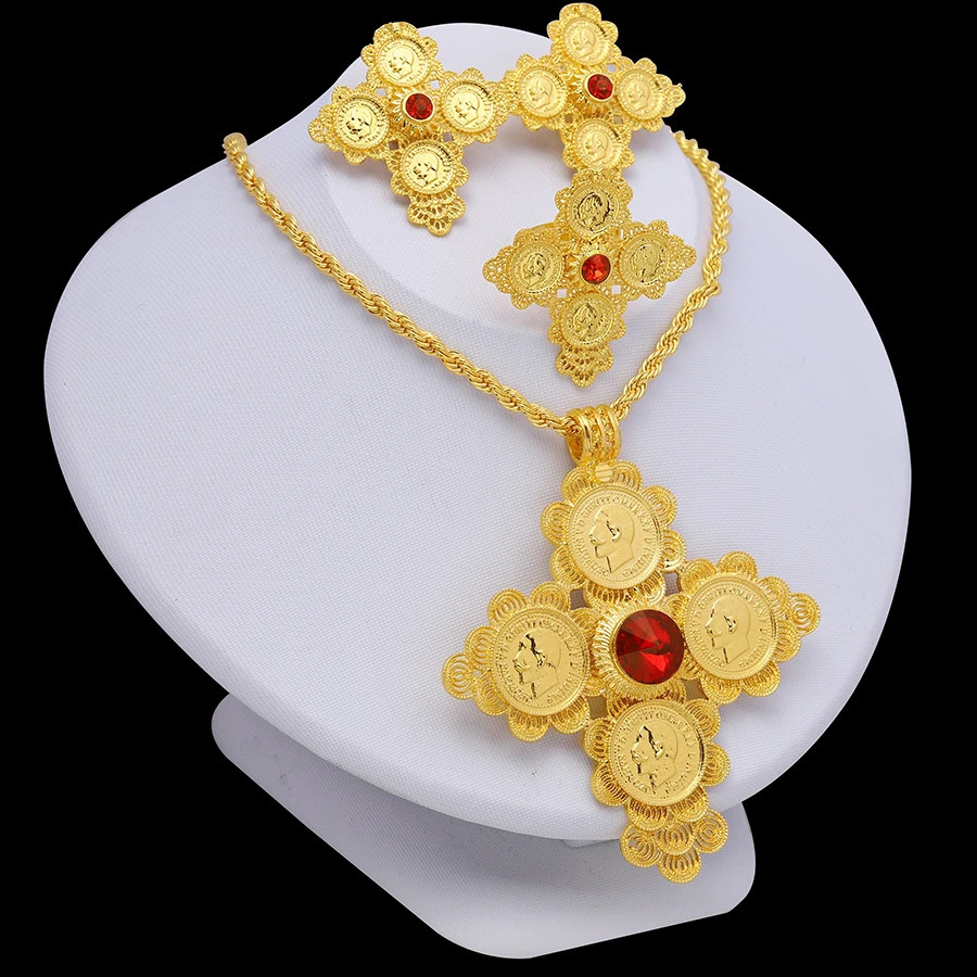 24K Gold Cross Set of Four Red Diamonds Ethiopian Middle East Womens Jewelry Dubai Earrings Rings Bracelets Necklaces Wed 240927