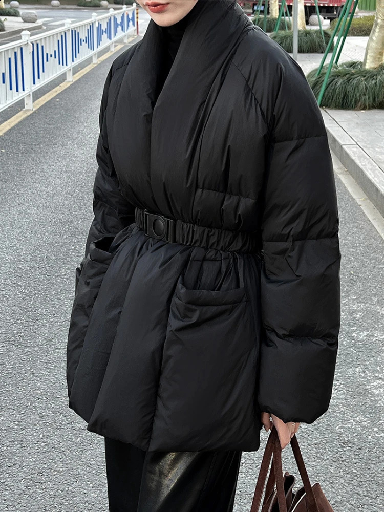 Winter Coats down jacket womens V-neck thick jacket warm jacket Chinese style with belt high-end chiffon womens down jacket 240930