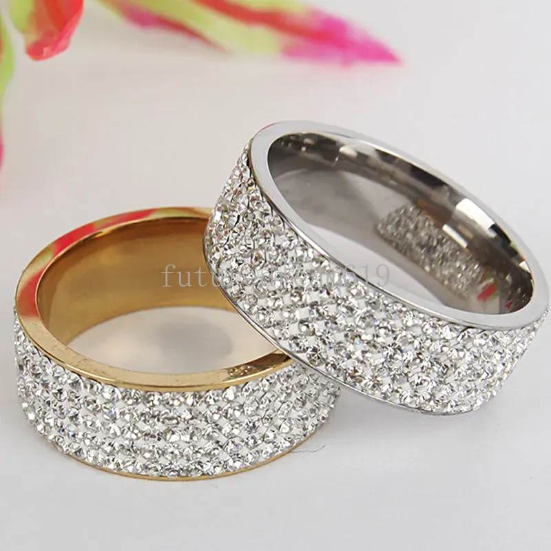 8mm Stainless Steel Full Crystal Gold Silver Plated Band Rings For Women Men Lovers Jewelry Party Club Decor