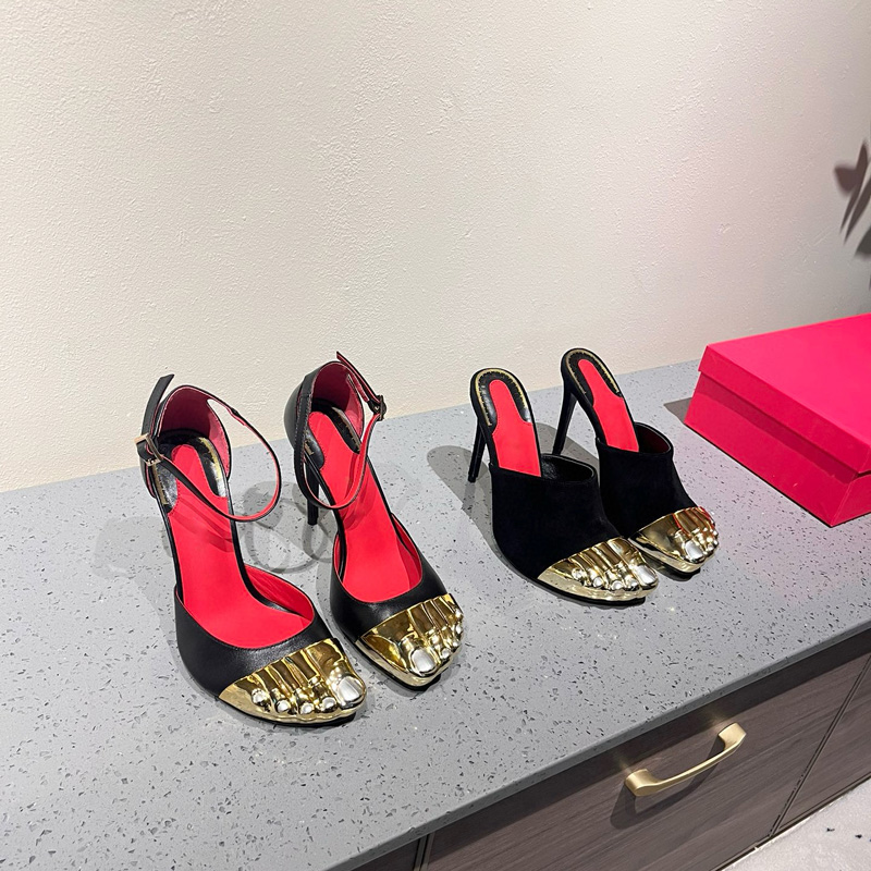 2024 Designer Gold Toe Heel Shoes Women Summer Sandal Genuine Leather Fashion Party Wedding Shoes Slippers 9.5CM High Heel Women's Suede Leather Shoes EU35-41 With Box