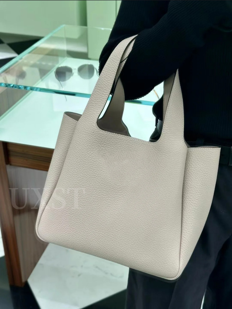 UXST Genuine Leather Mini Basket Classic Litchi Pattern Bucket Senior Sense Storage Tote Bag Solid Color Shopper Handbag