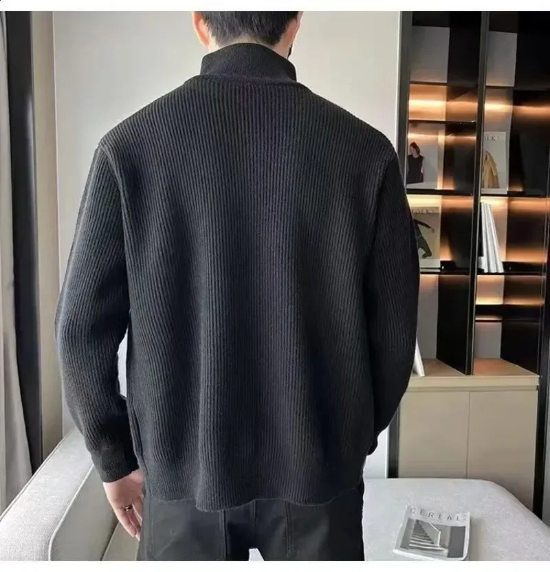 solid knitted sweater mens stand up collar Korean fashion zipper cardigan mens knitted plus size knitted jacket 240930