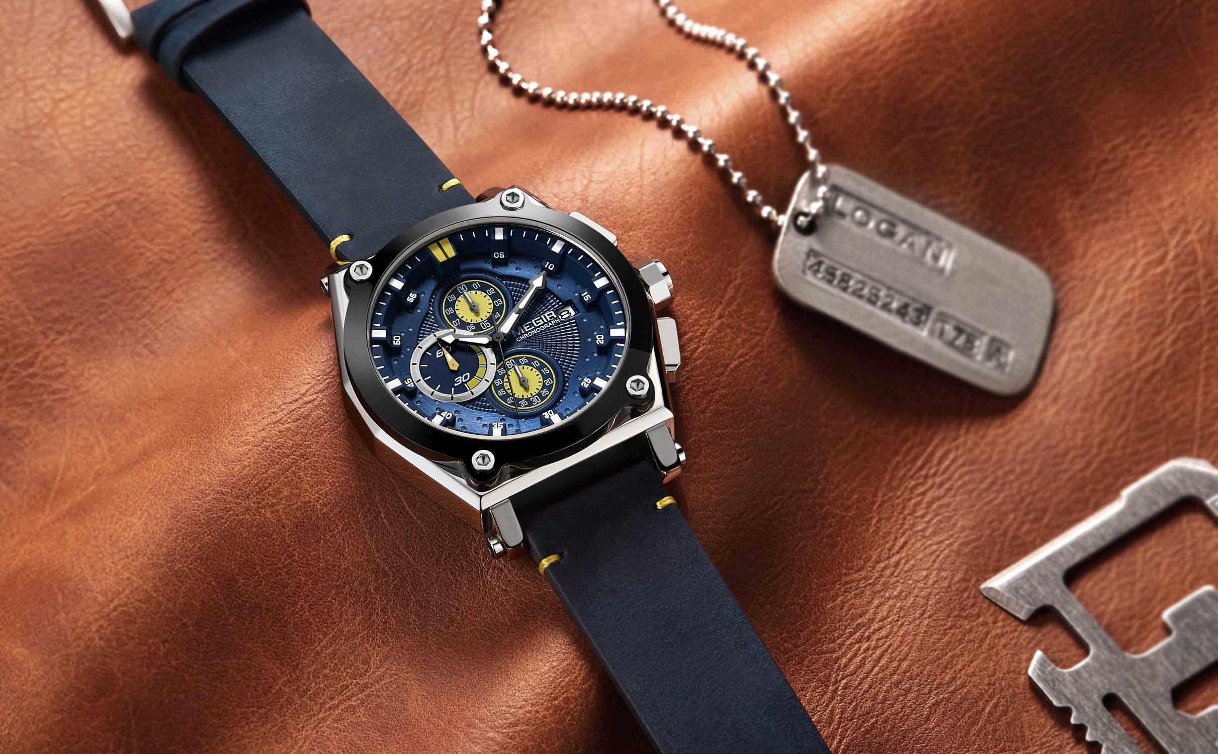 Megir men's leather strap quartz watch military sports timing waterproof watch men's night light Relogios clock 2098 blue