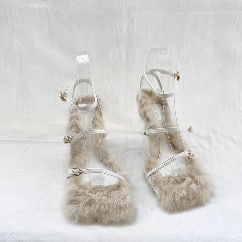 Sandals Internet Celebrity Style Square Toe Buckle Fur Open Strap High Mid Heel Stiletto Furry Elegant Sweet Outerwear