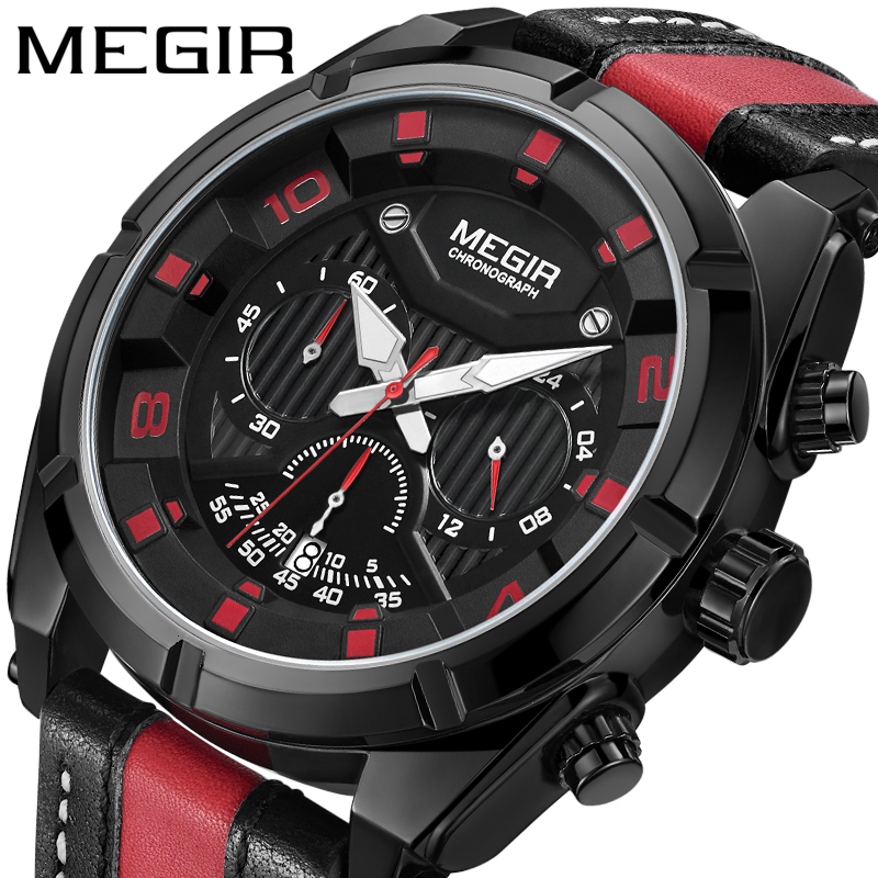 MEGIR Fashion Men's Timing Quartz Watch Leather Strap Night Light Hands 24-hour Sports Simulation Men's Watch 2076 White