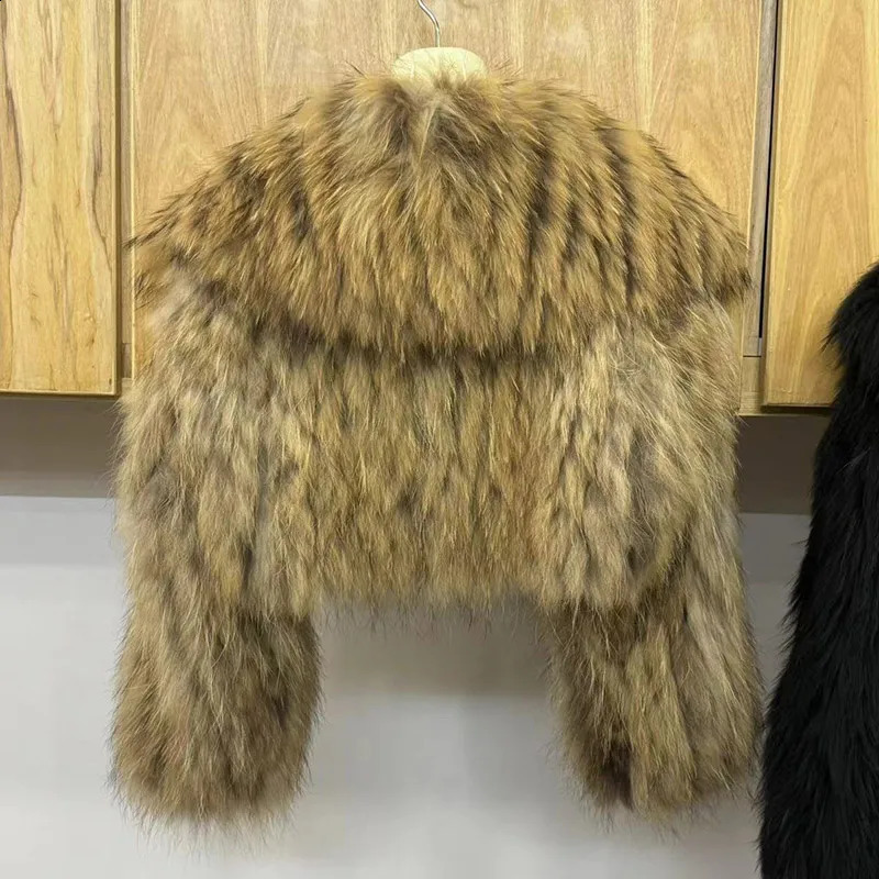 Women's Knitted Genuine Fur Coat Raccoon Leather Jacket With Big Collar B1