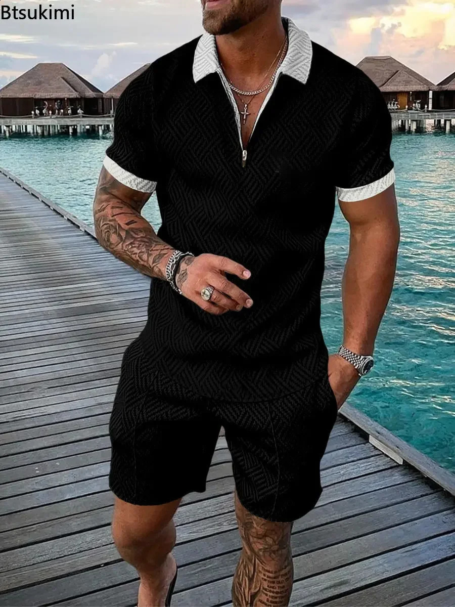 mens summer clothing polo shirt short sleeved set casual mens short sleeved track and field suit set social golf lapel T-shirt 240930