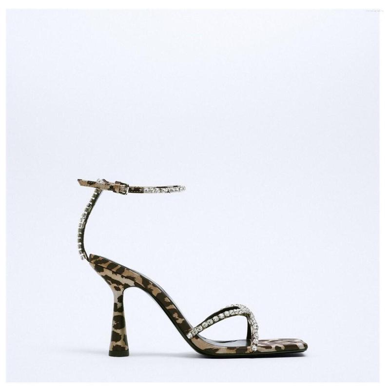 Sandals Square Toe Leopard-Print Emed Rhie Women's Fashionable Elegant Cross-Strap High Heel Stiletto T-Strap Open