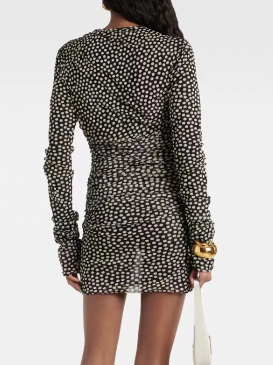 Womens sexy polka dot round neck long sleeved mini dress 240929