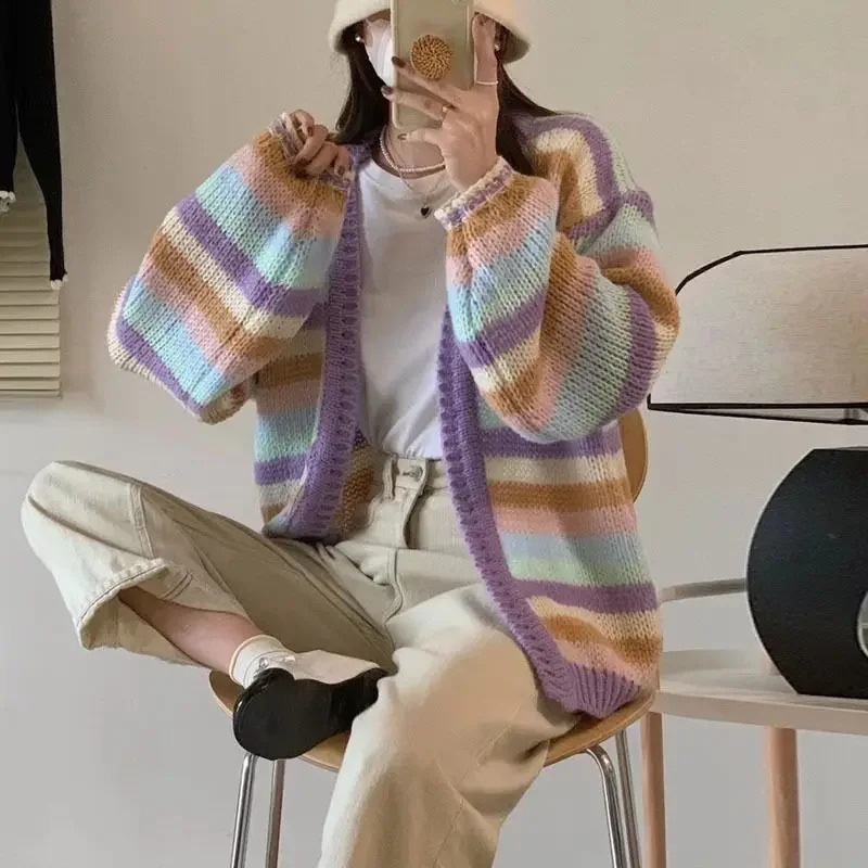 Idle Style Rainbow Stripe Knitted Open cardigan Womens Loose Open cardigan Color Blocked Sweater 2024 Autumn Korean Style 240923